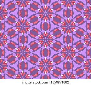Kaleidoscope seamless pattern in Red, Violet and White. Perfect for gift paper, textile, wallpaper, web page background