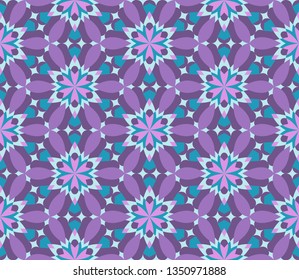 Kaleidoscope seamless pattern in Turquoise, Violet and Pink. Perfect for gift paper, textile, wallpaper, web page background