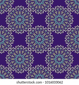 Kaleidoscope seamless pattern. Useful as design element for texture and artistic compositions. Vector illustration. Composed in beige, blue and violet colors, abstract shapes, Mandalas.