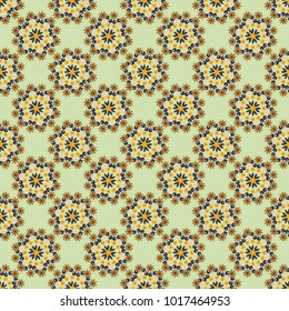 Kaleidoscope seamless pattern. Useful as design element for texture and artistic compositions. Vector illustration. Composed in gray, brown and orange colors, abstract shapes, Mandalas.