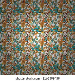 Kaleidoscope seamless pattern. Useful as design element for texture and artistic compositions. Raster illustration. Composed in blue, orange and green colors, abstract shapes, Mandalas.