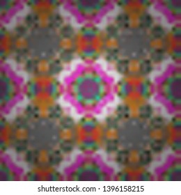 Kaleidoscope seamless pattern. Useful as design element for texture and artistic compositions. Composed in green, gray and magenta colors, abstract shapes, Mandalas. Vector illustration.