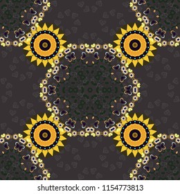 Kaleidoscope seamless pattern. Vector illustration. Useful as design element for texture and artistic compositions. Composed in brown, yellow and gray colors, abstract shapes, Mandalas.