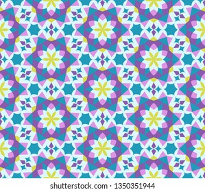 Kaleidoscope seamless pattern in Violet, Blue and Green. Perfect for gift paper, textile, wallpaper, web page background