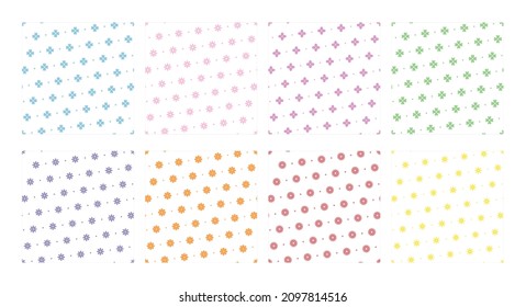 Kaleidoscope Set #2. Tile flower patterns in different colors. Kit contains 8 vector seamless patterns.