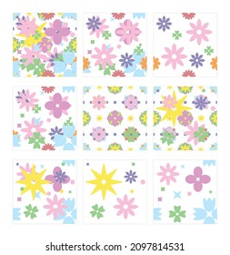 Kaleidoscope Set #4. Tile flower patterns in different colors. Kit contains 9 vector seamless patterns.