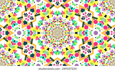 Kaleidoscope. Vector seamless geometric patterns. Optical illusion. Orange, red, yellow, green, blue colors. 