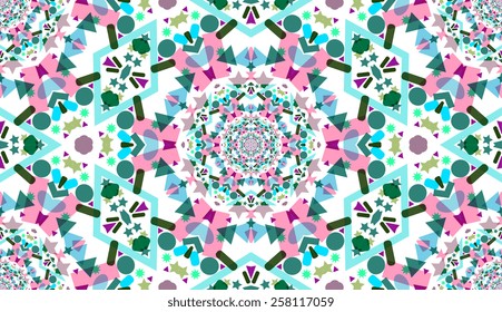 Kaleidoscope vector seamless geometric patterns. Optical illusion. Pink, green, cyan, aquamarine blue, white colors. Rich glamour luxury background. Retro vintage antique baroque style. Boho, bohemian