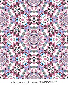 Kaleidoscope vector seamless geometric patterns. Optical illusion. Pink, purple, aquamarine blue, white colors. Rich glamour luxury background. Retro vintage antique baroque style. Boho, bohemian