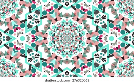 Kaleidoscope vector seamless geometric patterns. Optical illusion. Marsala, green, cyan, aquamarine, white colors. Rich glamour luxury background. Retro vintage antique baroque style. Boho, bohemian