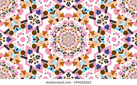 Kaleidoscope vector seamless geometric patterns. Optical illusion. Pink purple green orange cyan brown beige colors. Rich glamour luxury background. Retro vintage antique baroque style. Boho, bohemian