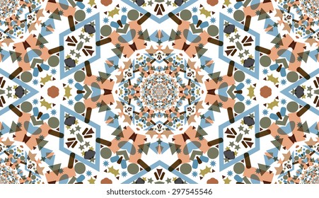 Kaleidoscope vector seamless geometric patterns. Optical illusion. Grey orange brown beige blue colors. colors. Rich glamour luxury background. Retro vintage antique baroque style. Boho, bohemian