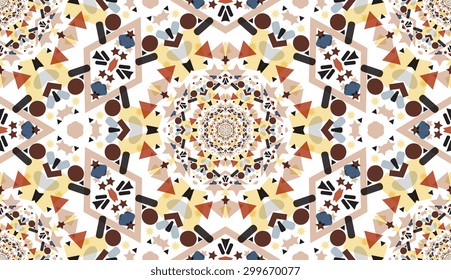 Kaleidoscope vector seamless geometric patterns. Optical illusion. Yellow orange brown beige red colors.colors. Rich glamour luxury background. Retro vintage antique baroque style. Boho, bohemian