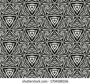 Kaleidoscope Zebra pattern with thin lines. Unusual abstract background. Minimal Black and white. Seamless Vector illustration graphic