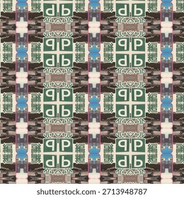 Patrón geométrico de estilo caleidoscopio con símbolos verdes reflejados, bordes rosados y Formas repetitivas en un tema abstracto, patrón, diseño, textura y simetría.