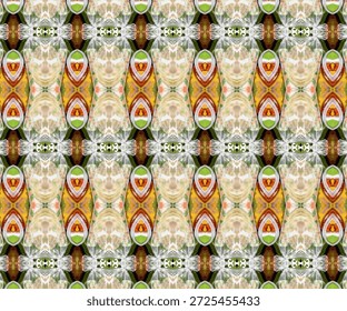 Padrão abstrato caleidoscópico inspirado por formas da natureza com repetição simétrica, textura colorida, fundo artístico, design abstrato, arte decorativa