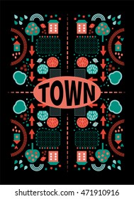 Kaleidoscopic abstract vector city map. Design element, book cover, booklet, flyers, posters. Decorative art.