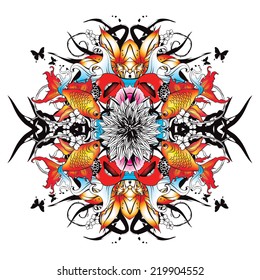 Kaleidoscopic baroque graphics with golden fish