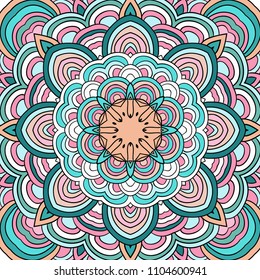 Kaleidoscopic colored pattern. Hand drawn lined pattern. Symmetrical vector illustration. 