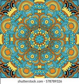 Kaleidoscopic colored pattern. Hand drawn lined pattern. Symmetrical vector illustration. 
