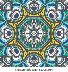 Kaleidoscopic colored pattern. Hand drawn lined pattern. Symmetrical vector illustration. 