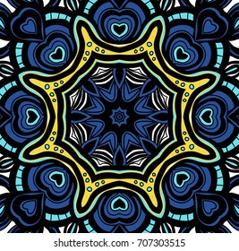 Kaleidoscopic colored pattern. Hand drawn lined pattern. Symmetrical vector illustration. 