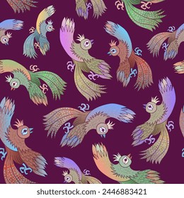 Kaleidoscopic colorful flashy fictional birds on dark violet backdrop vector seamless pattern. Attractive surface art design with fantasy hand drawn birds.