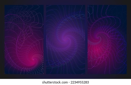 Kaleidoscopic dots patterns with gradient and spiral visuals. 1920x1080 backdropbackground. Futuristic liquid geometric particles.
