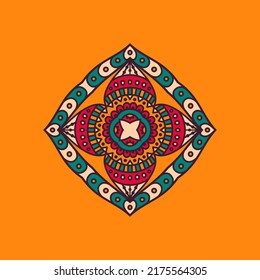 Kaleidoscopic fantasy floral pattern in golden and green tones,mandala.Ornamental gradient round lace doily background.Vector illustration.