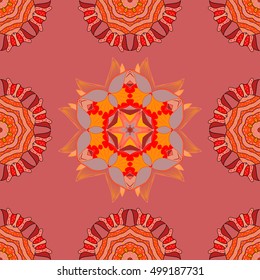 Kaleidoscopic floral pattern, mandala design in pink and orange colors.