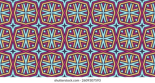 A kaleidoscopic, geometric pattern featuring repeated octagonal shapes with radiating star-like lines in vibrant red, yellow, blue, and black tones.
