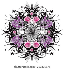 Kaleidoscopic graphics with violet roses