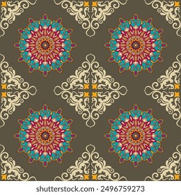 Kaleidoscopic Mandala Tapestry vibrant and intricate vector pattern featuring ornate mandalas and swirling flourishes on a rich, earthy background.