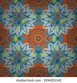 Kaleidoscopic orient popular style in blue, orange and green colors. Vector rich ornament. Sloping seamless colorful ornament for design and backgrounds.