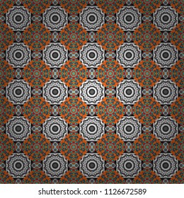 Kaleidoscopic orient popular style in gray, white and orange colors. Vector rich ornament. Sloping seamless colorful ornament for design and backgrounds.