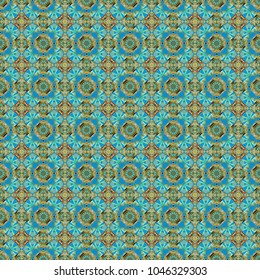 Kaleidoscopic orient popular style in green, brown and blue colors. Vector rich ornament. Sloping seamless colorful ornament for design and backgrounds.
