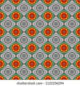 Kaleidoscopic orient popular style in orange, white and gray colors. Vector rich ornament. Sloping seamless colorful ornament for design and backgrounds.