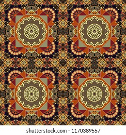 Kaleidoscopic orient popular style in orange, black and gray colors. Vector rich ornament. Sloping seamless colorful ornament for design and backgrounds.