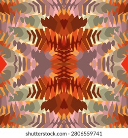 Kaleidoscopic ornamental pattern in ivory sun, creamy peach, soft coral, cornflower blue, vermilion, rust orange, yellow orange, cream light with sunset afterglow dream palette