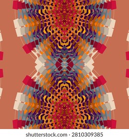 Kaleidoscopic ornamental pattern in marigold, deep orange, ruby red, royal purple, terracotta, ochre, linen, cool grey, rainbow dark sunset style