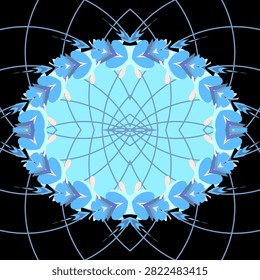 Kaleidoscopic ornamental pattern in nude peach, clear blue, and river blue with winter icy depths palette