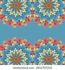 Kaleidoscopic ornamental pattern rendered in butter cream, yellow tint, sky blue, cerulean, salmon, orange peel, maize, muted blue and happy summer horizon tones