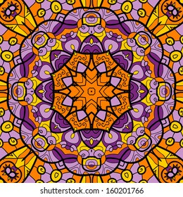 Kaleidoscopic Ornamental round seamless pattern with many details