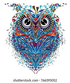 Kaleidoscopic owl in blue-orange tones