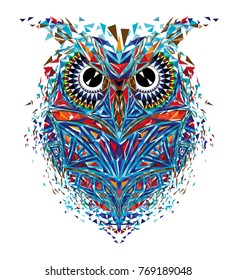 Kaleidoscopic owl in red-blue tones