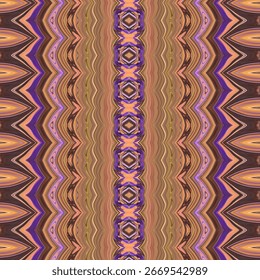 Kaleidoscopic pattern with symmetrical waves in warm earthy hues. A retro, abstract, geometric, decorative, and artistic digital design for fashion and interiors.