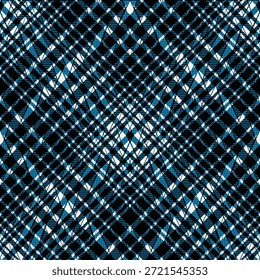 A kaleidoscopic plaid pattern of intersecting diagonal lines and diamond shapes in blue, white, and black features striped and dotted textures that create a symmetrical, high-contrast design with optical depth and dynamic rhythm.