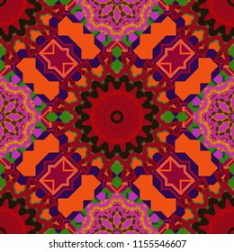 Kaleidoscopic seamless pattern in black, green and orange colors. It can be used in the design of textiles, in the printing industry. Vector illustration.