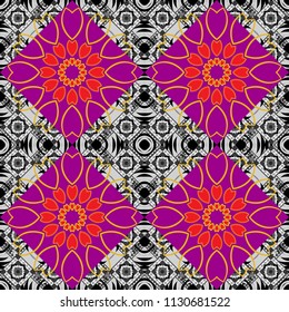 Kaleidoscopic seamless pattern in black, purple and gray colors. It can be used in the design of textiles, in the printing industry. Vector illustration.