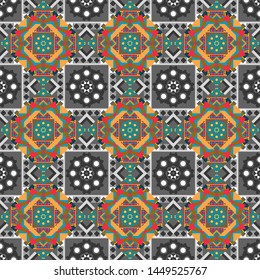 Kaleidoscopic seamless pattern in blue, gray and brown colors. Vector illustration. It can be used in the design of textiles, in the printing industry.